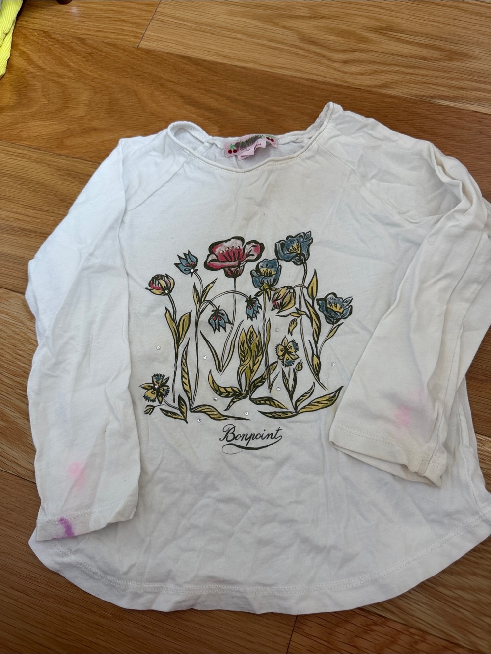 Bonpoint Girls White Floral Long Sleeve Cotton Top
